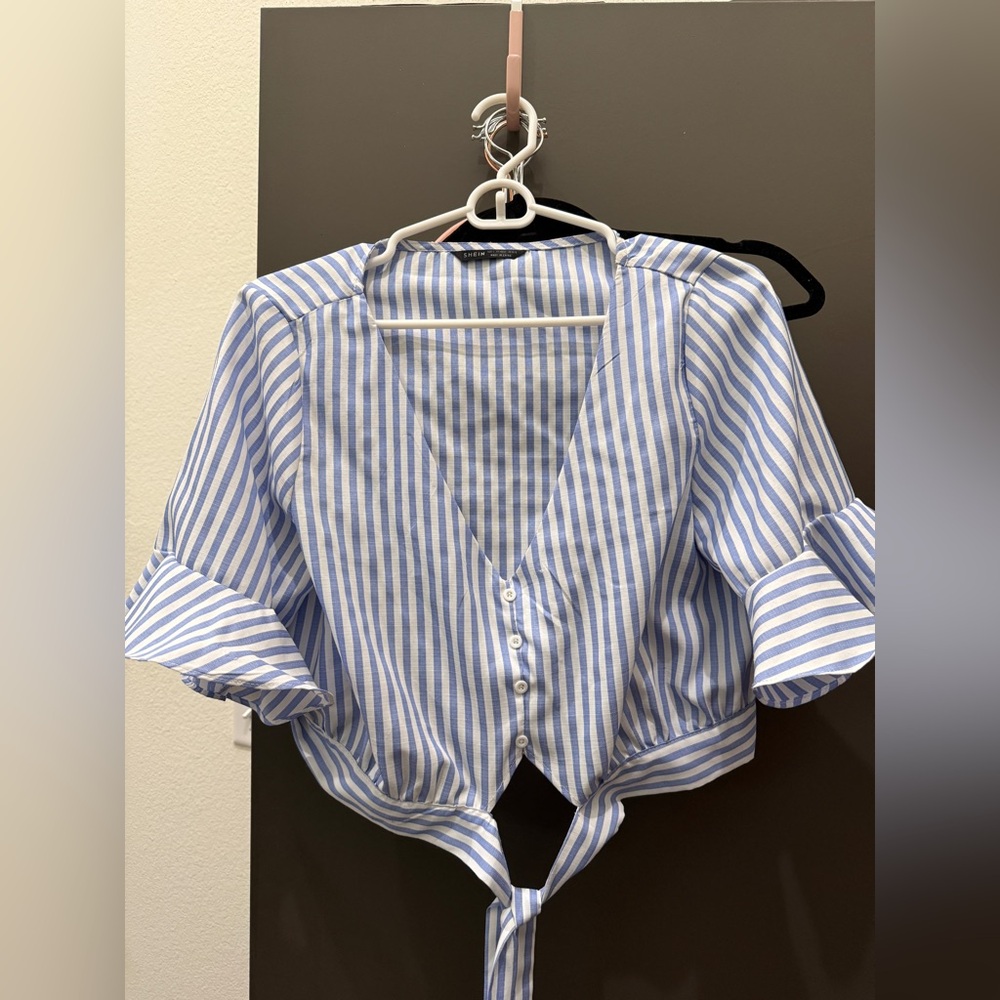 SHEIN Blue and White Striped Button Down Blouse